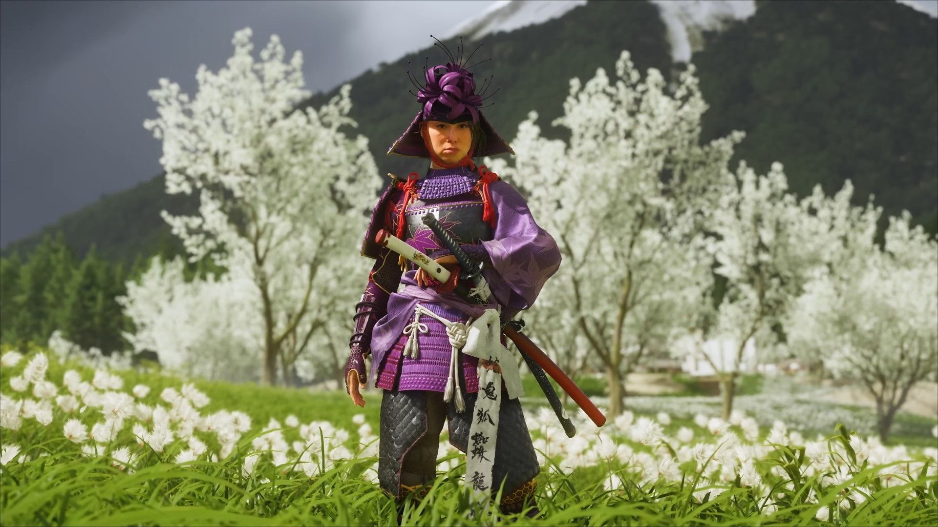 Atsu poses in Armor in the State of Play for Ghost of Yotei