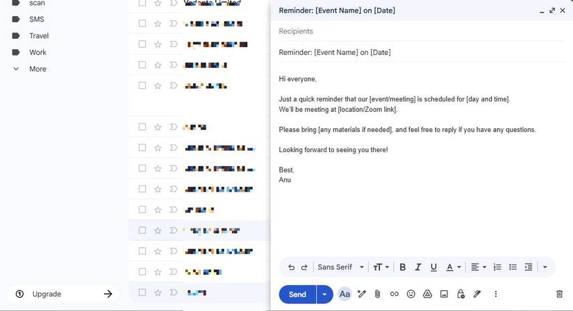 Screenshot showing a Gmail template for event reminders