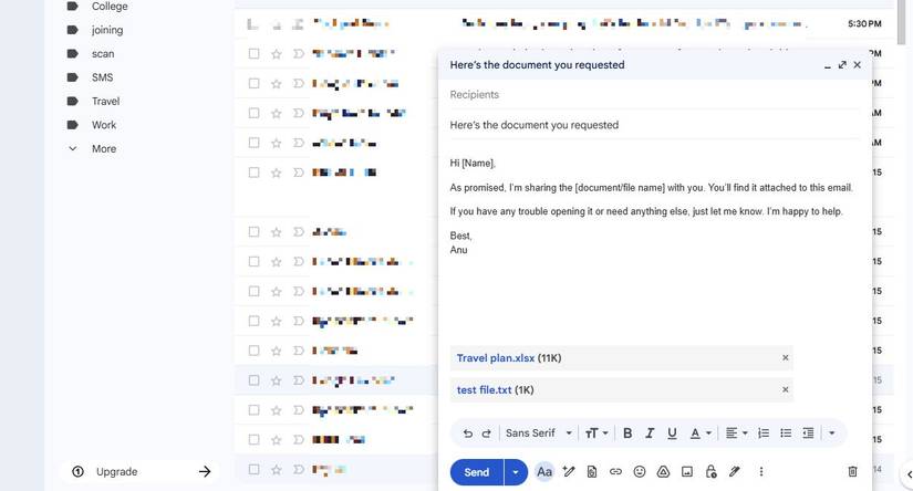 Screenshot showing a Gmail template for sending files you share often 