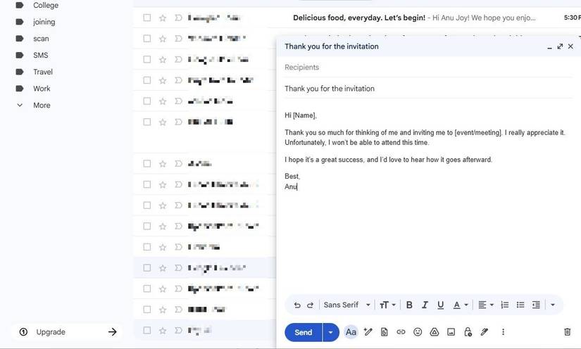 Screenshot showing a Gmail template for declining invitations