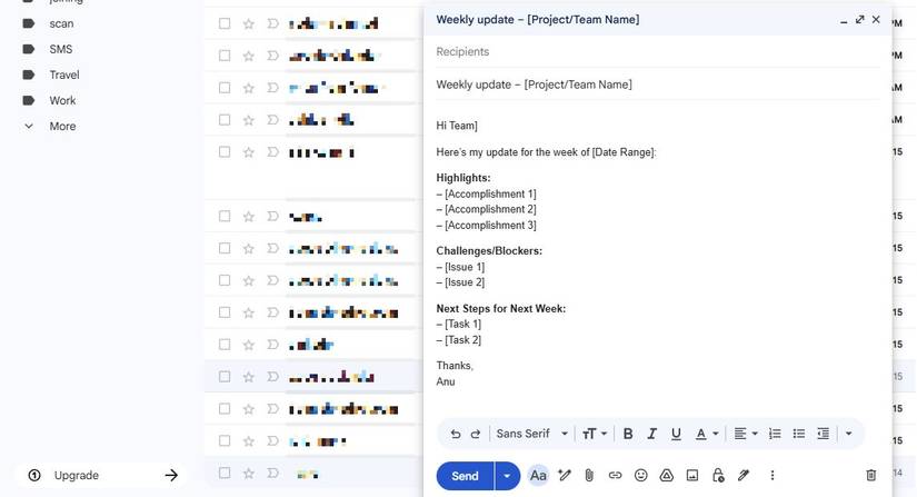Screenshot showing a Gmail template for updates