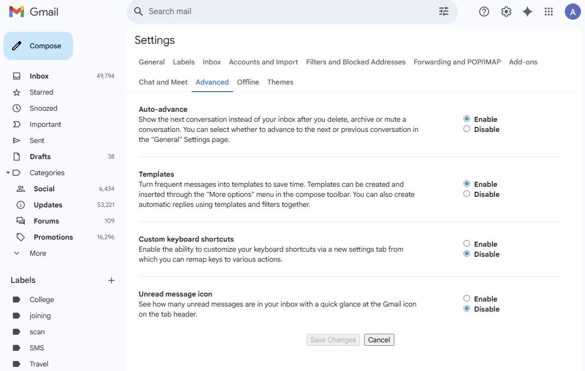Screenshot showing how to enable Templates in Gmail