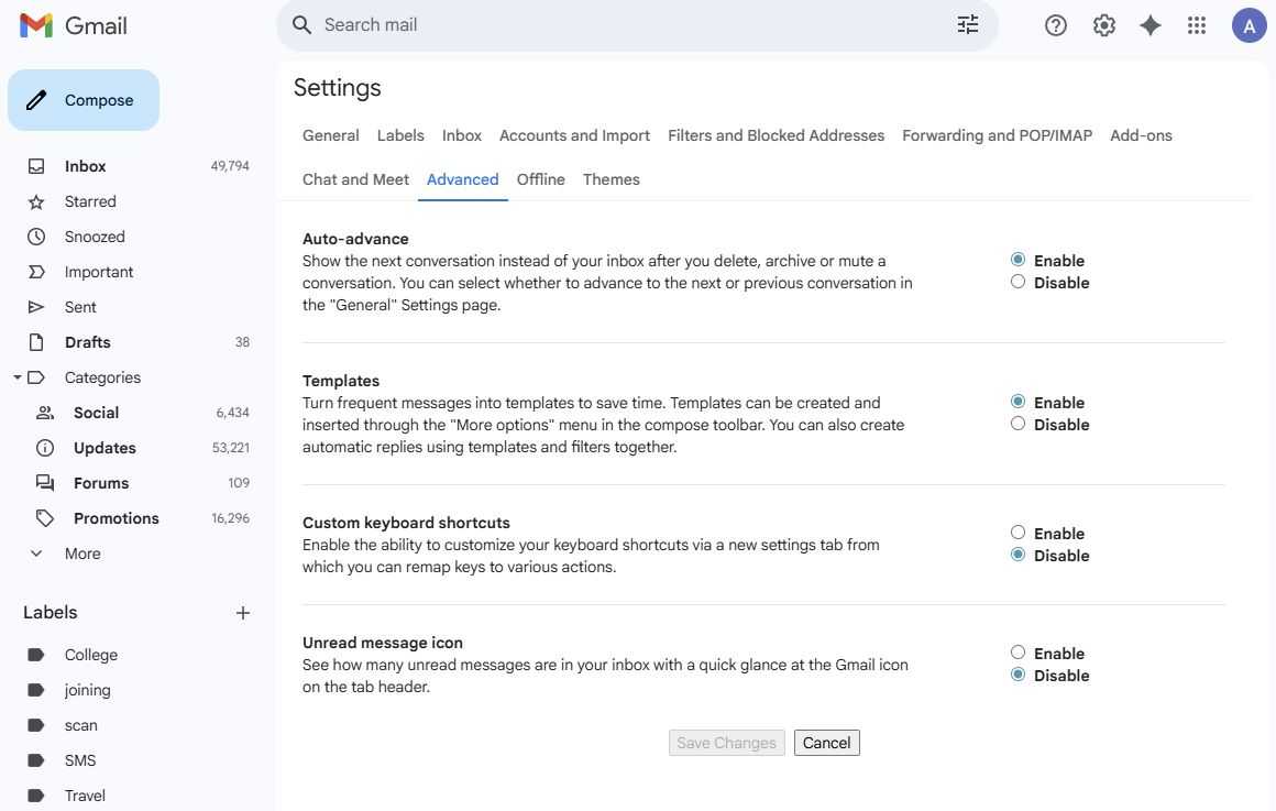 Screenshot showing how to enable Templates in Gmail