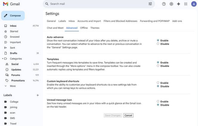 Screenshot showing how to enable Templates in Gmail