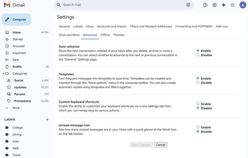 Screenshot showing how to enable Templates in Gmail