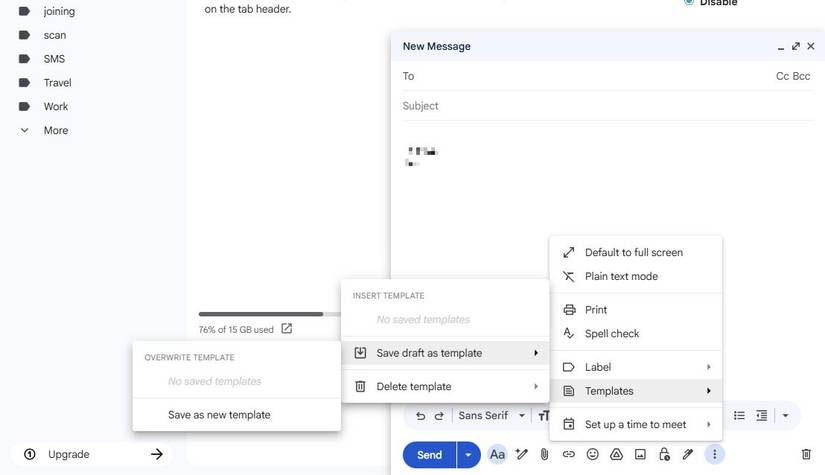 Screenshot showing how to save a Gmail template