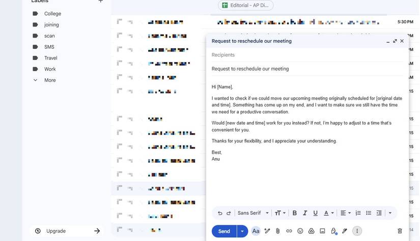 Screenshot showing a template for rescheduling meetings