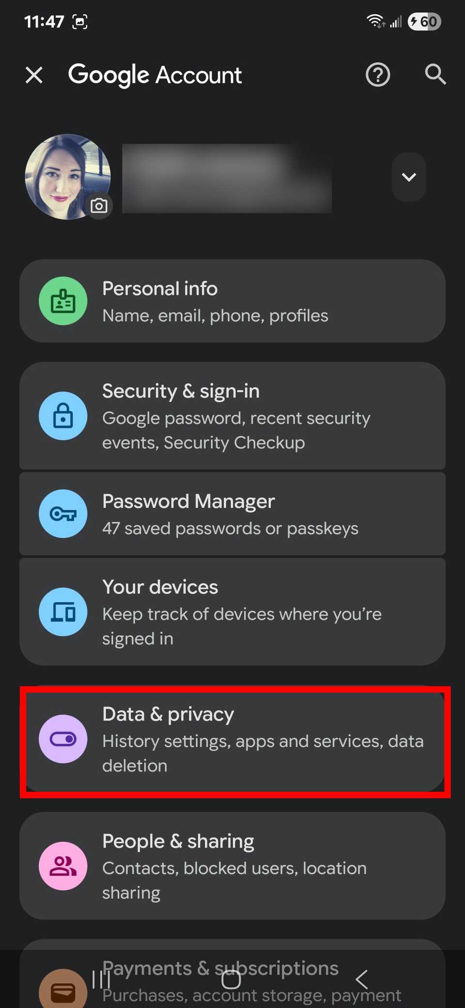 Red rectangle outline highlighting Data & privacy in the Google app