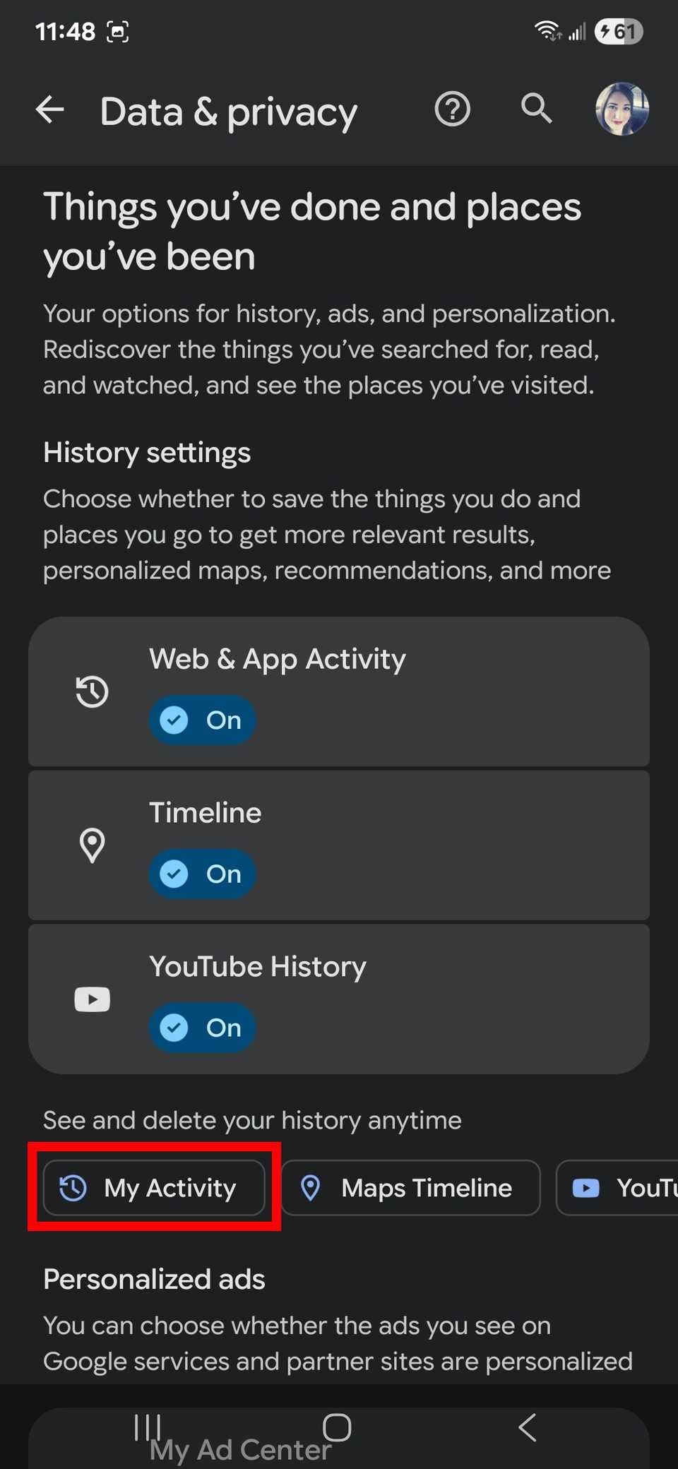 Red rectangle outline highlighting My activity under History settings in the Google app