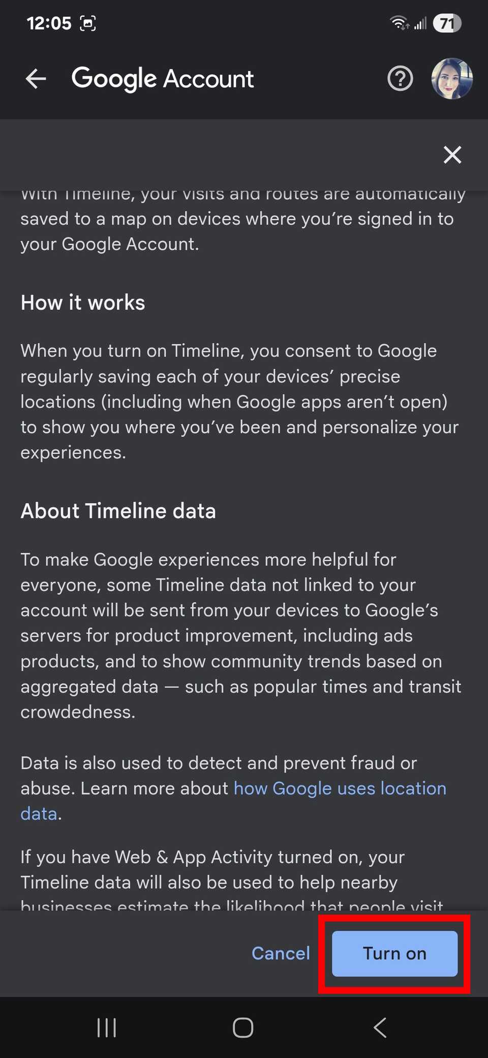 Red rectangle outline highlighting Turn on under the Timeline feature in the Google app