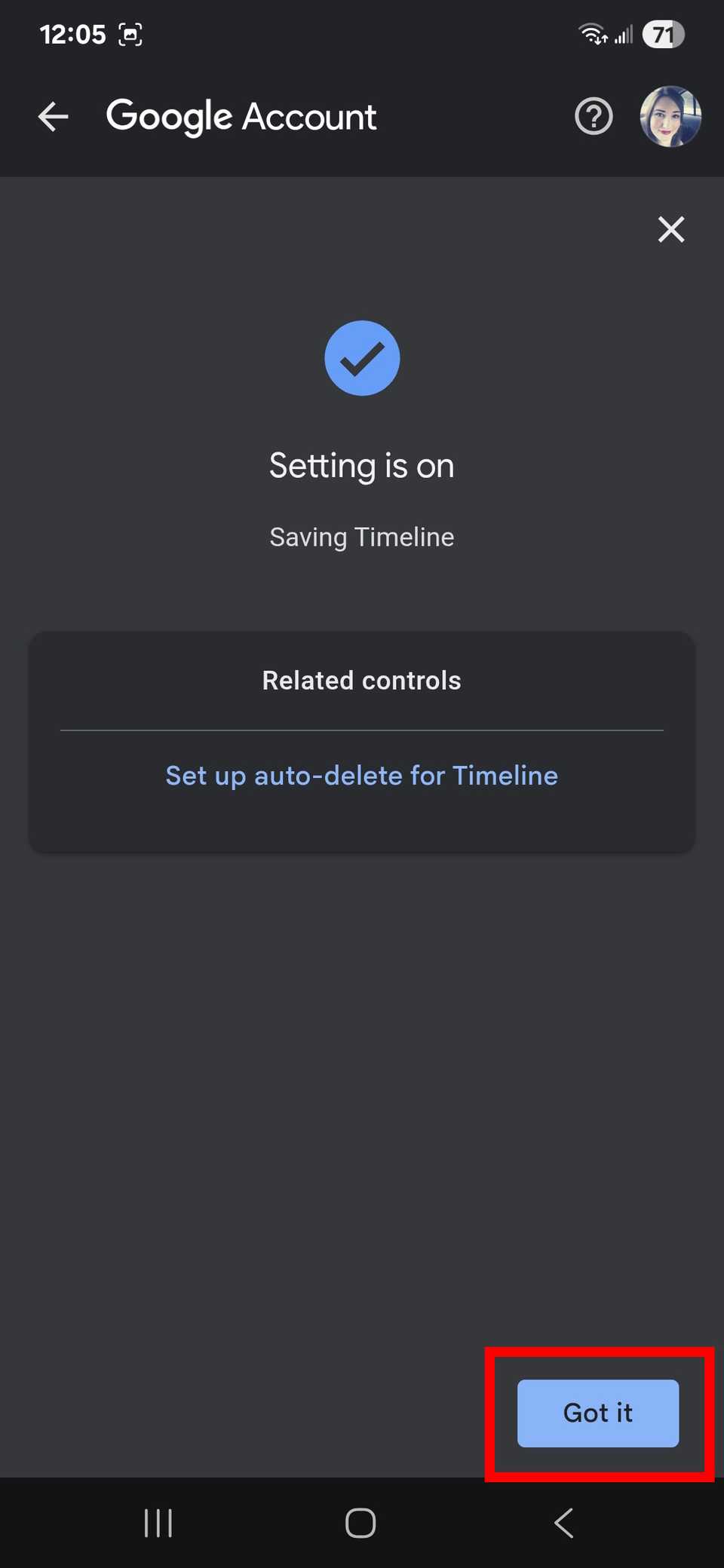 Red rectangle outline highlighting Got it button after turning on Timeline in the Google app