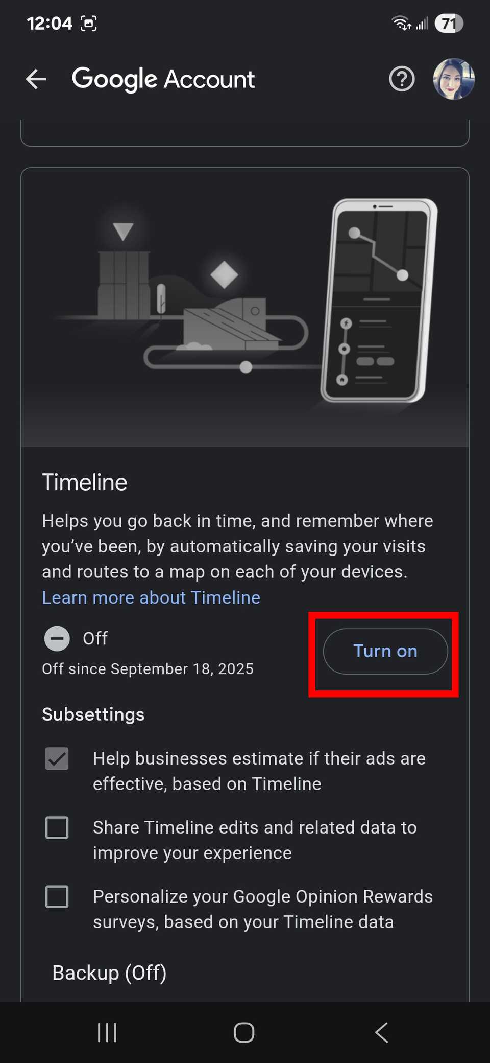 Red rectangle outline highlighting Turn on under Timeline in the Google app