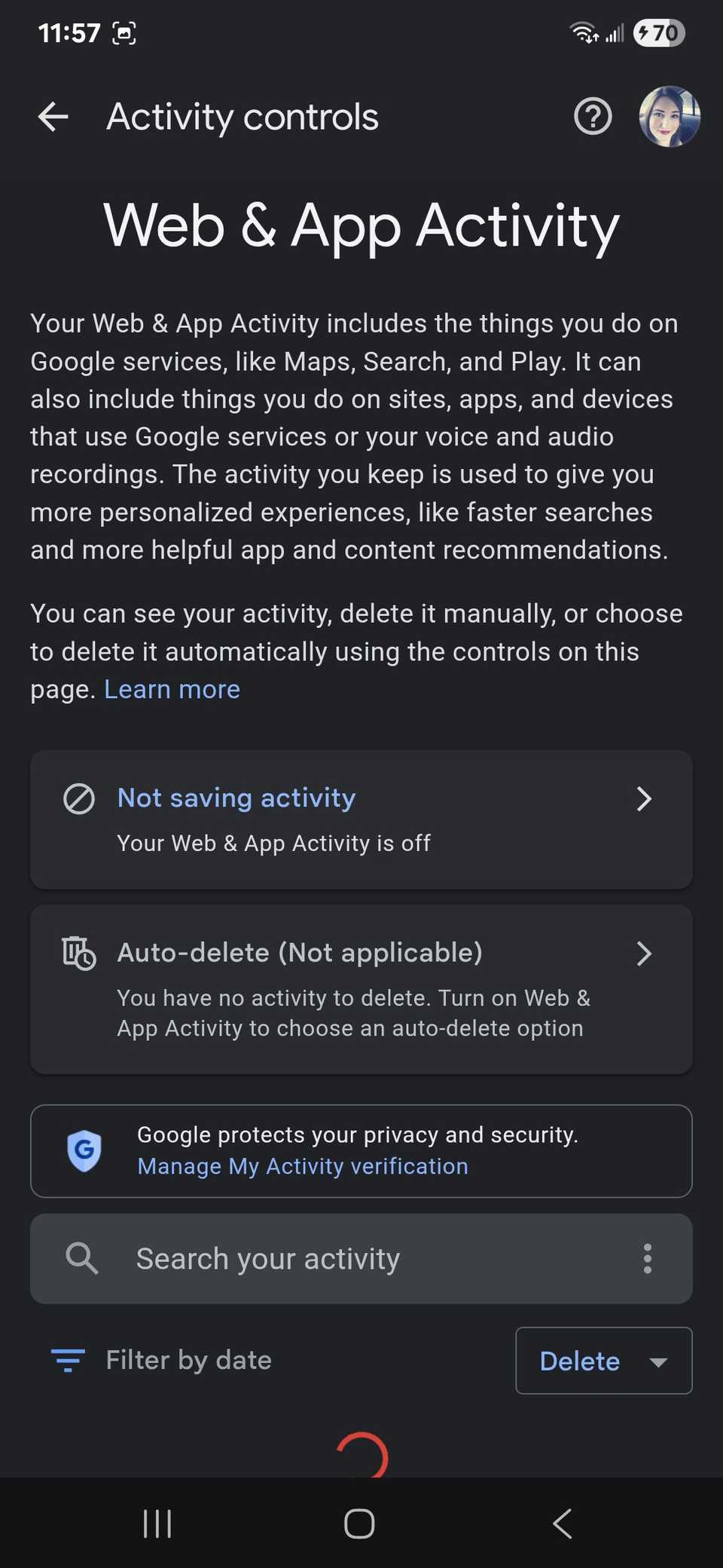 Management options for Web & App Activity in Google app including 'Search your activity' bar below