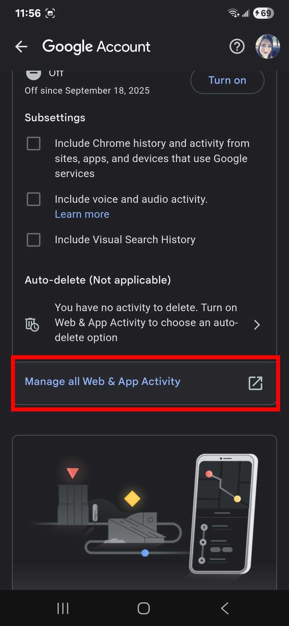 Red rectangle outline highlighting Manage all Web & App Activity in Google app