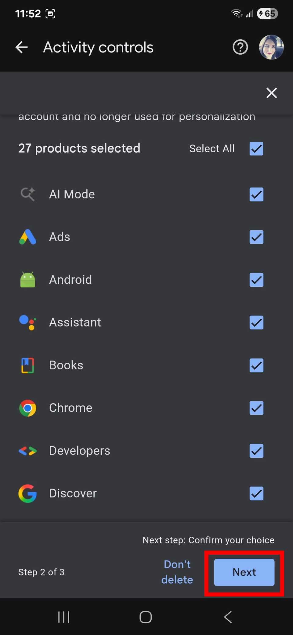 A list of Google products that can have activity deleted in the Google app with the Next button highlighted
