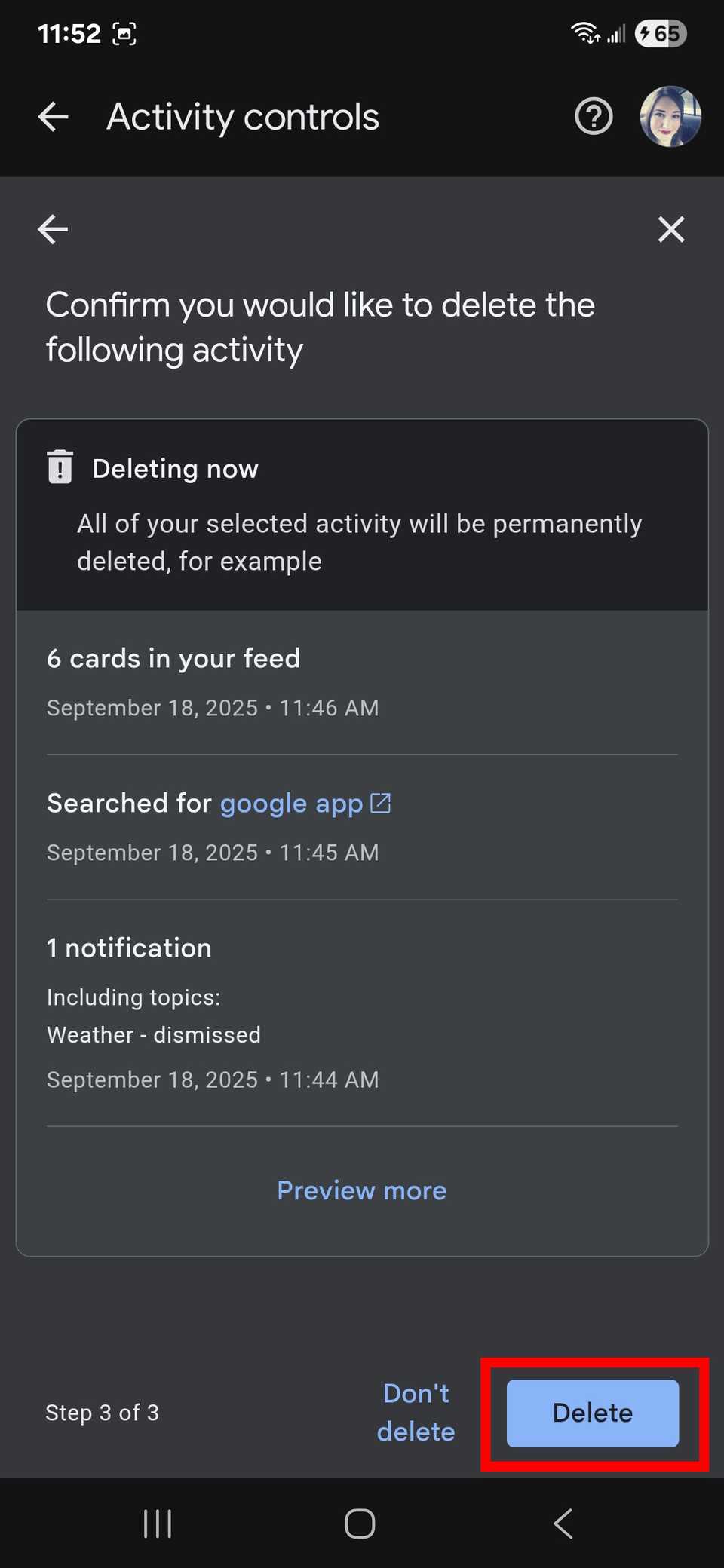 Red rectangle outline highlighting the Delete button in activity controls in the Google app after selecting Google products for activity deletion