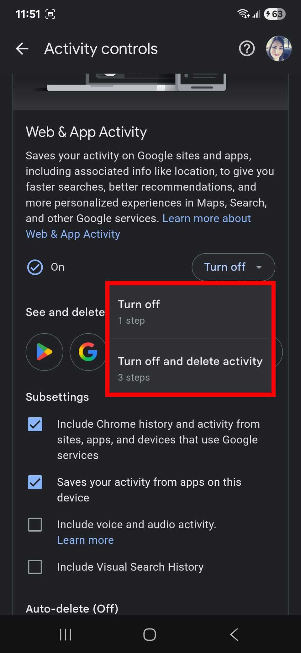 Red rectangle highlighting the Turn off options under Activity controls in Web app and Activity page in the Google app