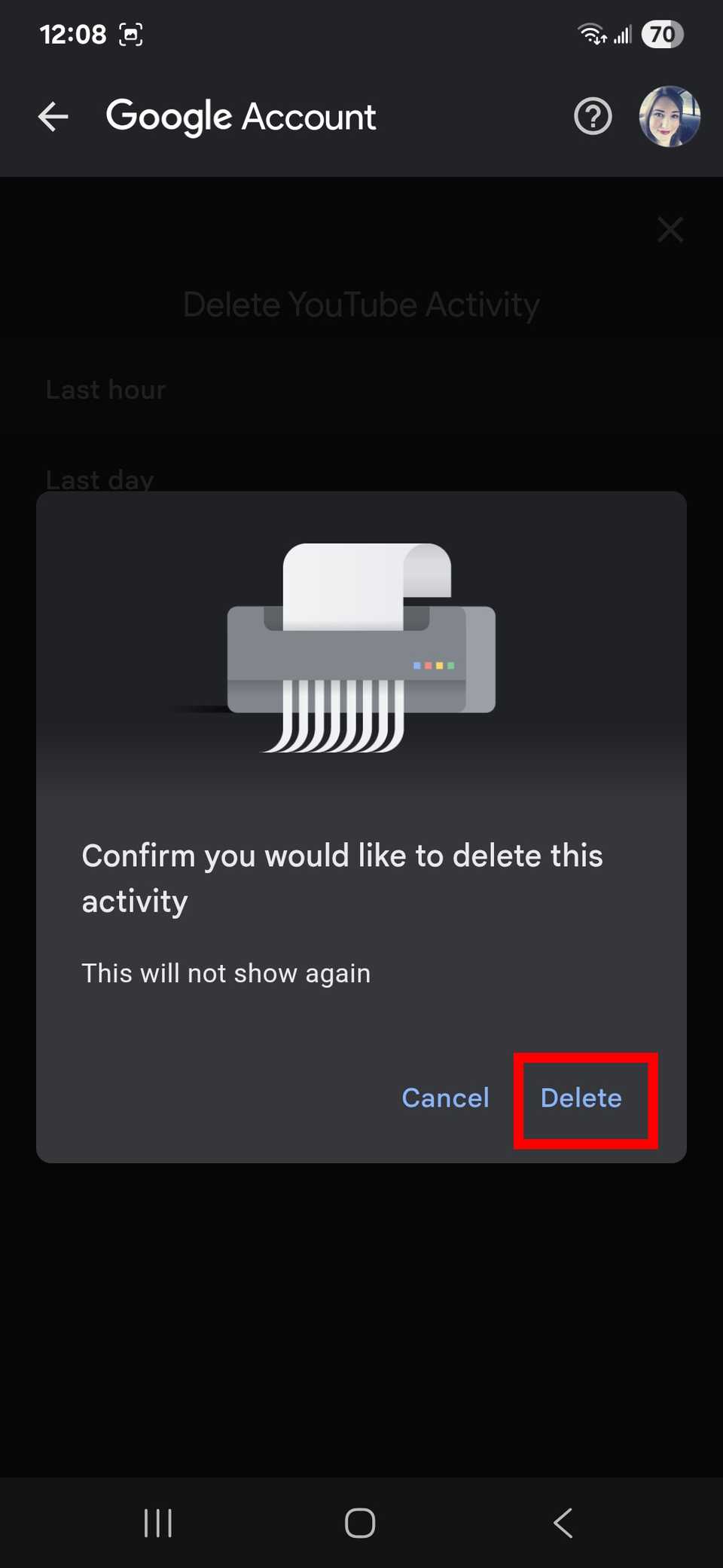 Red rectangle outline over the Delete button to confirm a YouTube History selection delete request in the Google app