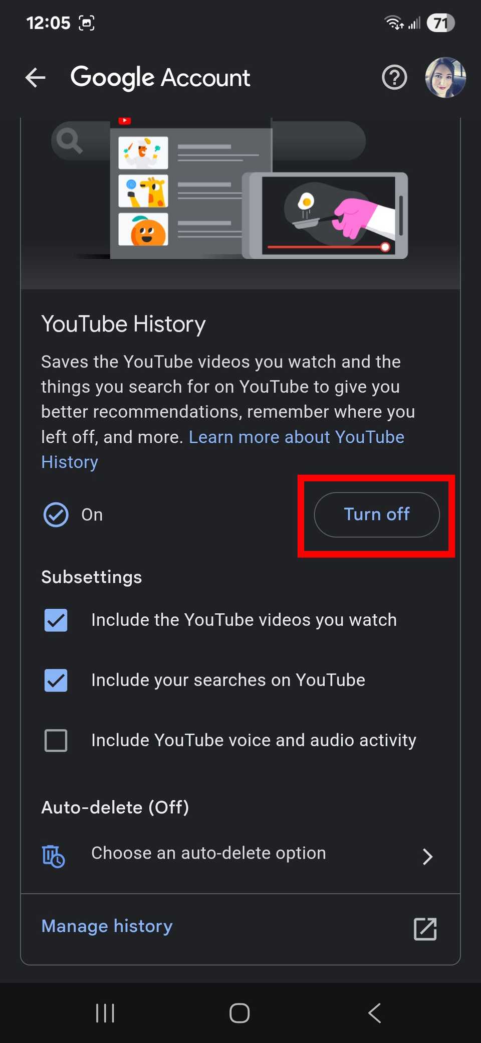 Red rectangle outline highlighting Turn off option under YouTube History in the Google app