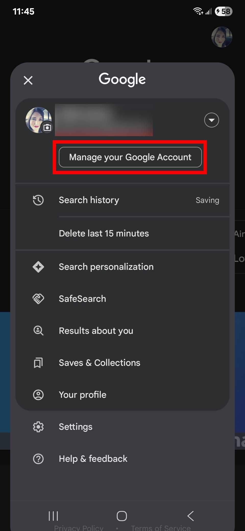 Red rectangle outline highlighting Manage your Google account in the Google app