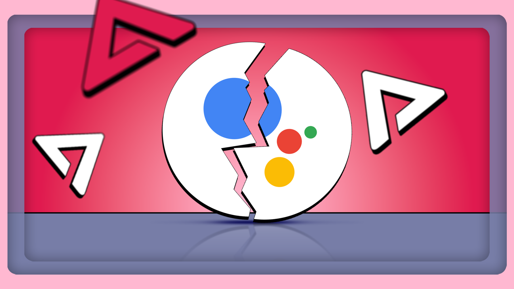 Logotipo do Google Assistente, dividido e rachado ao meio, em um fundo vermelho.
