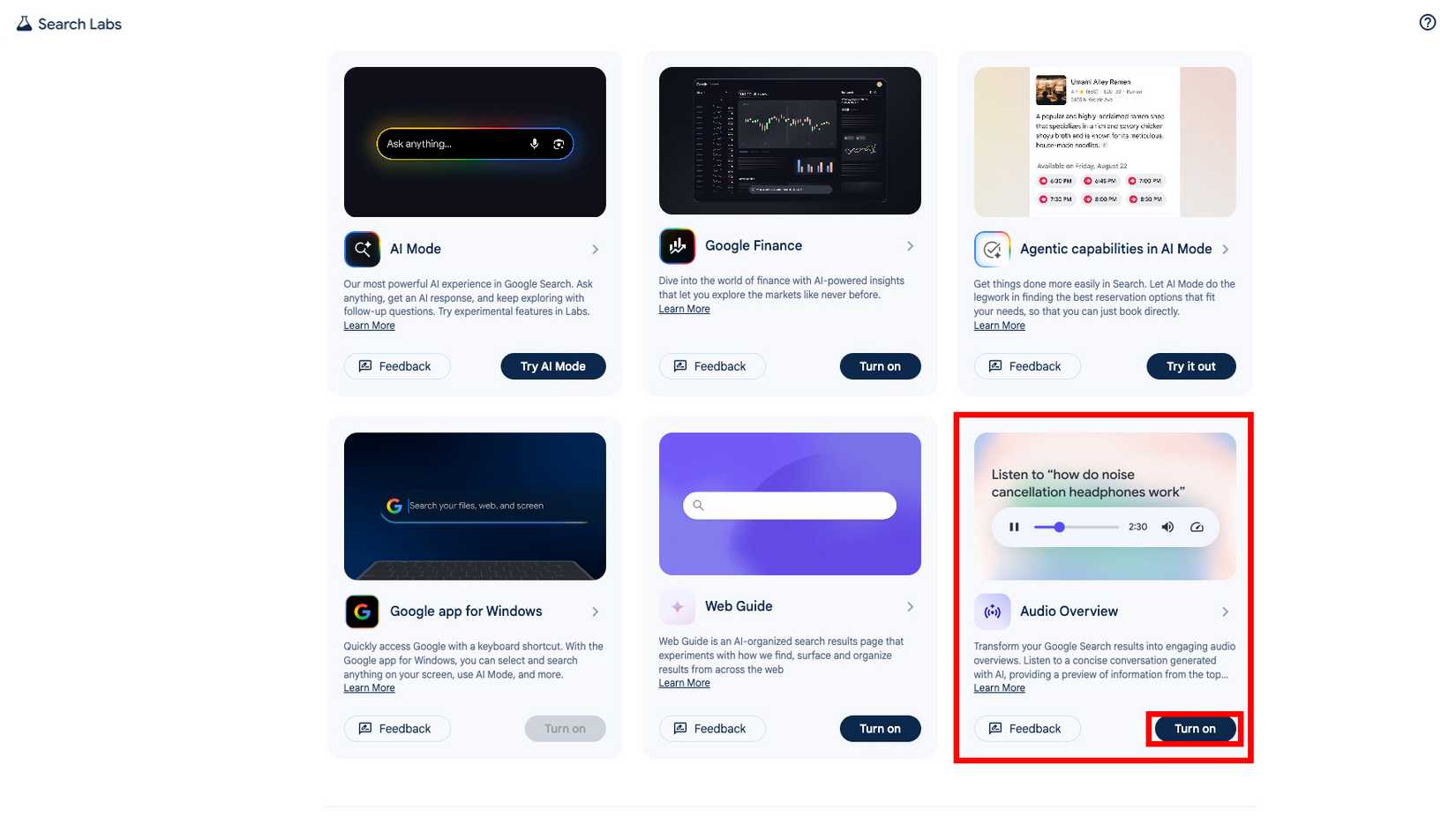 Google Search Labs page showing the Audio Overview feature with a “Turn on” button highlighted