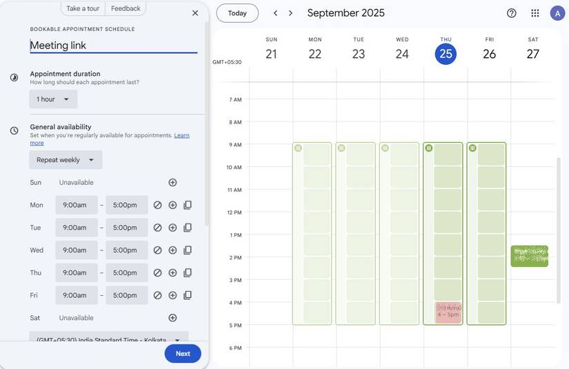 Screenshot of Google Calendar on desktop showing how to create a booking link