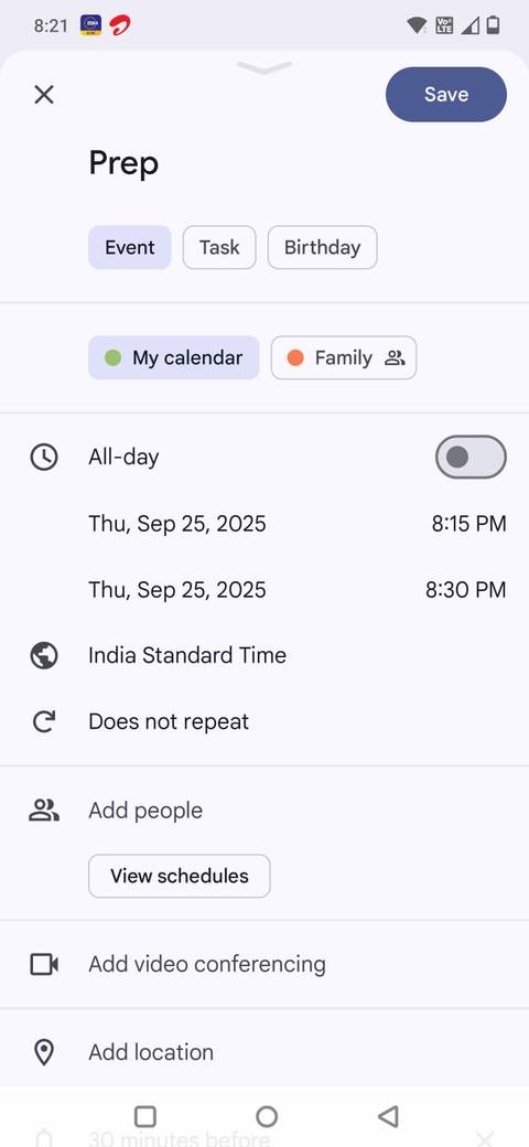 Screenshot of the Google Calendar app showing a buffer schedule before a meeting