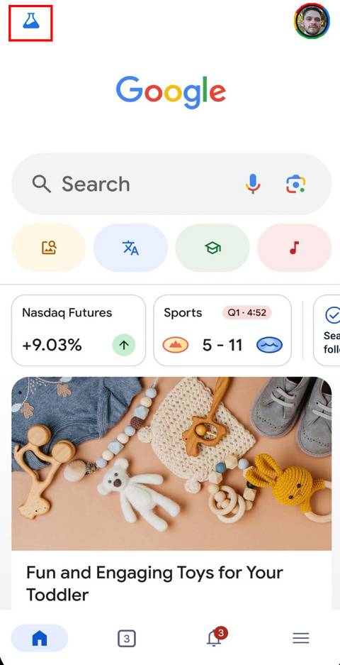 Google app home screen with Labs flask icon highlighted