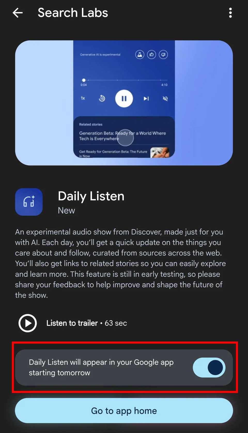 Daily Listen feature toggle in Google Search Labs