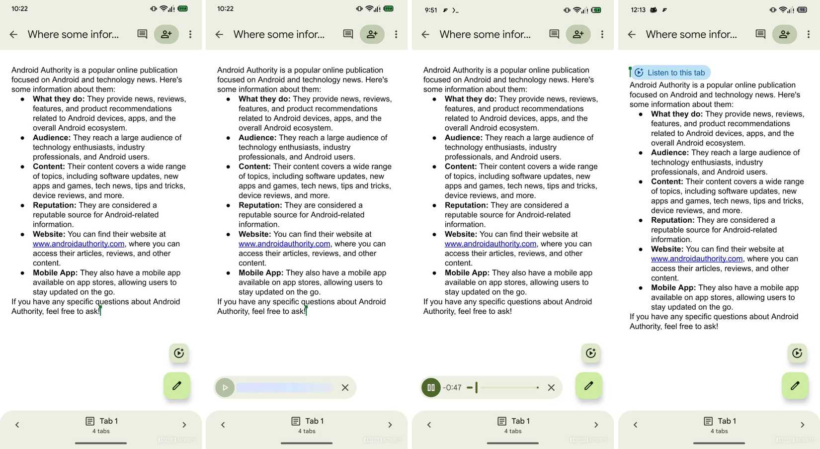 Screenshots highlighting Google Docs' upcoming text-to-speech functionality on Android.