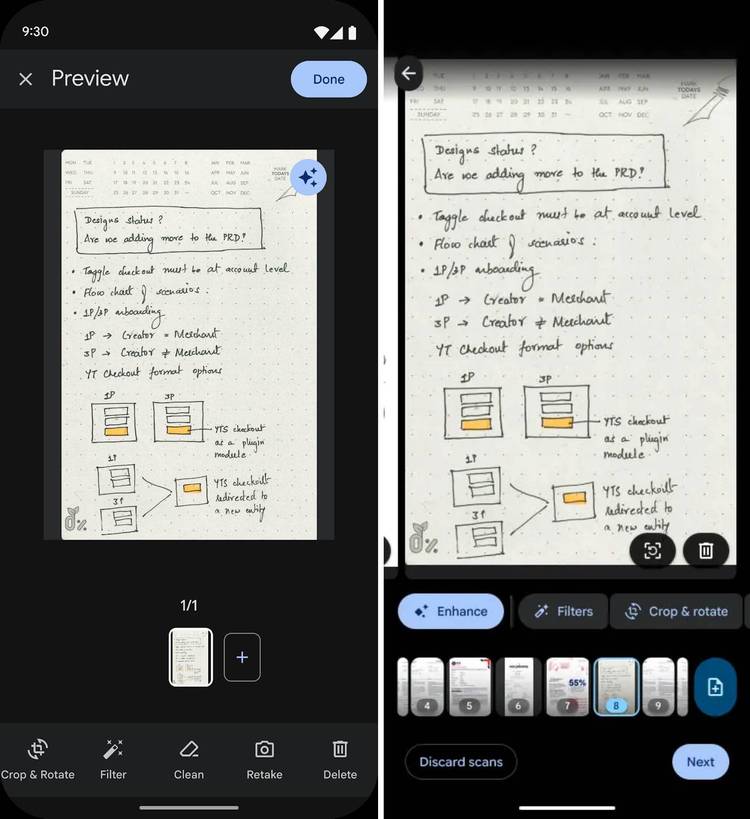Screenshots highlighting Google Drive's old and new scan editor UI.