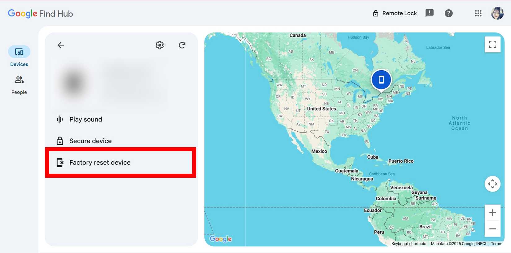 Red rectangle outline highlighting Factory reset device under a selected device in Google Find Hub website page