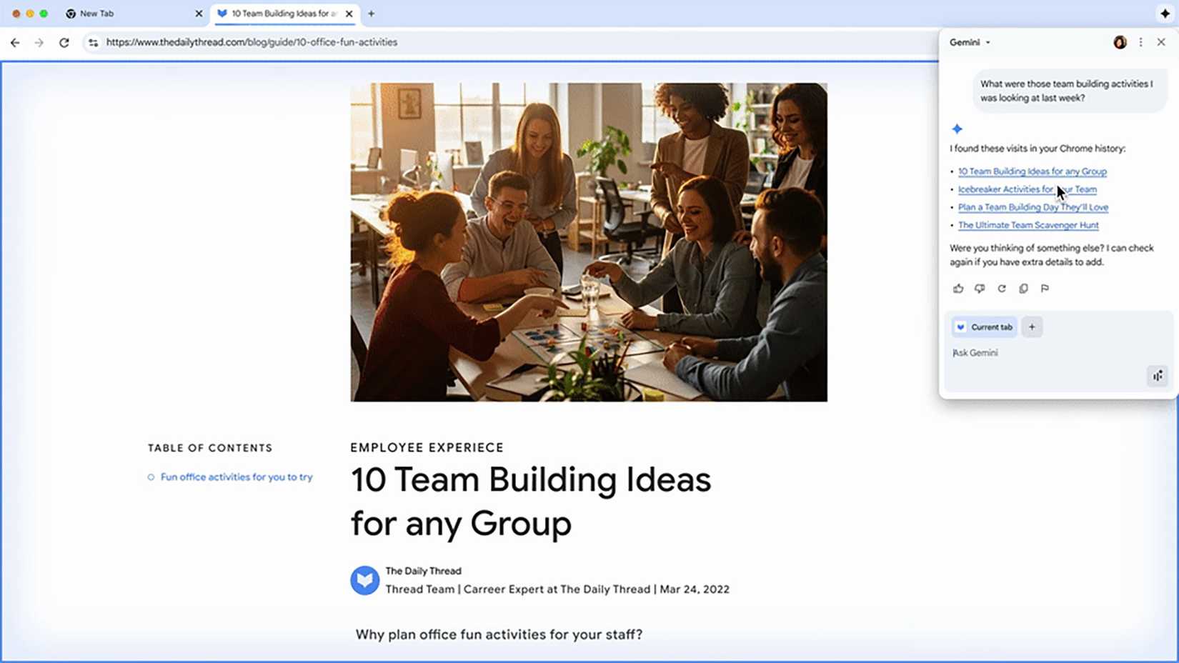 The Daily Thread open in Chrome with a Gemini query pop-up