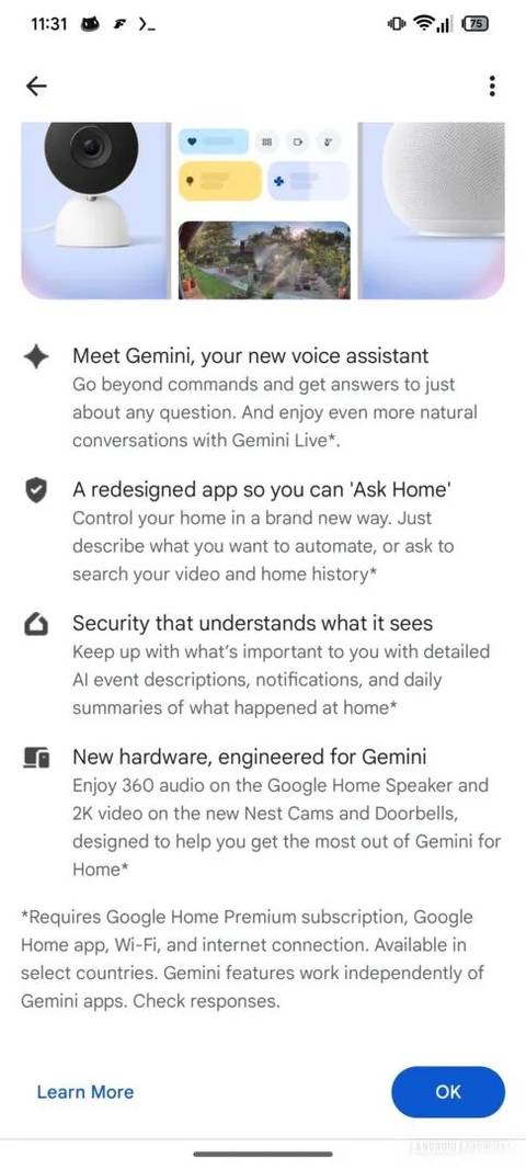 A screenshot of the leaked Google Home app's welcome screen detailing some of its new features