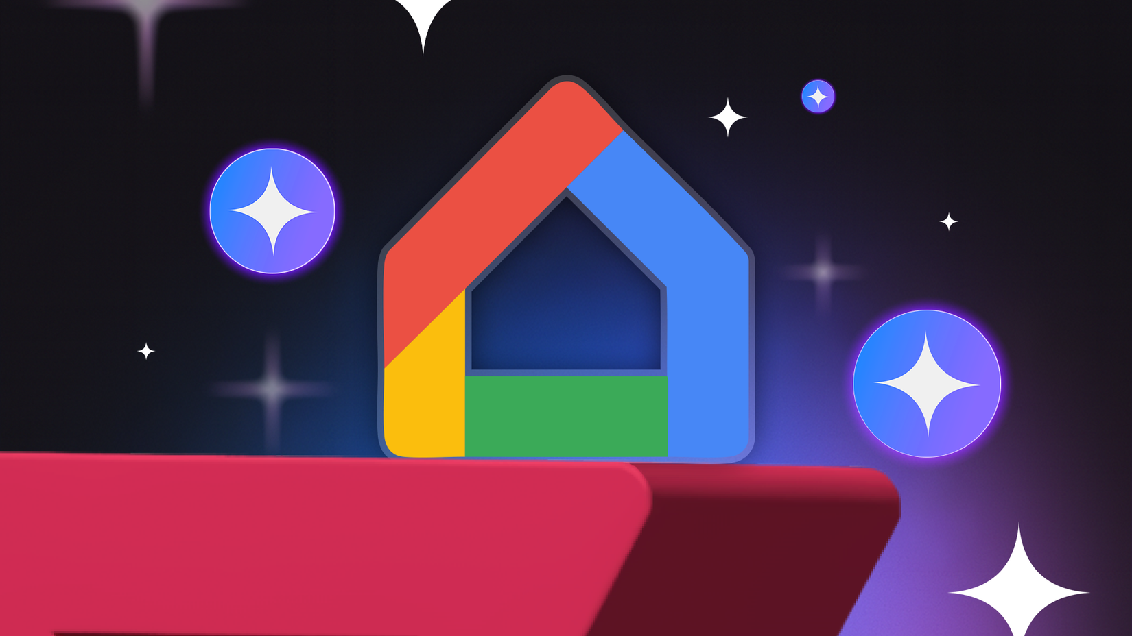 Google Home logo glowing on a dark background with Gemini icons surrounding it.