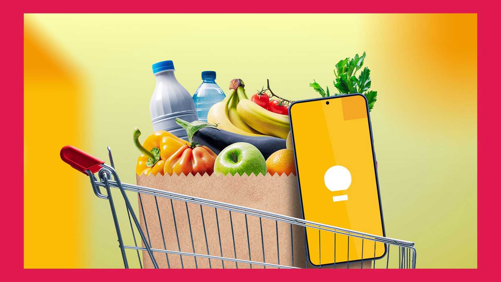 Shopping cart filled with groceries, alongside a smartphone displaying the Google Keep logo