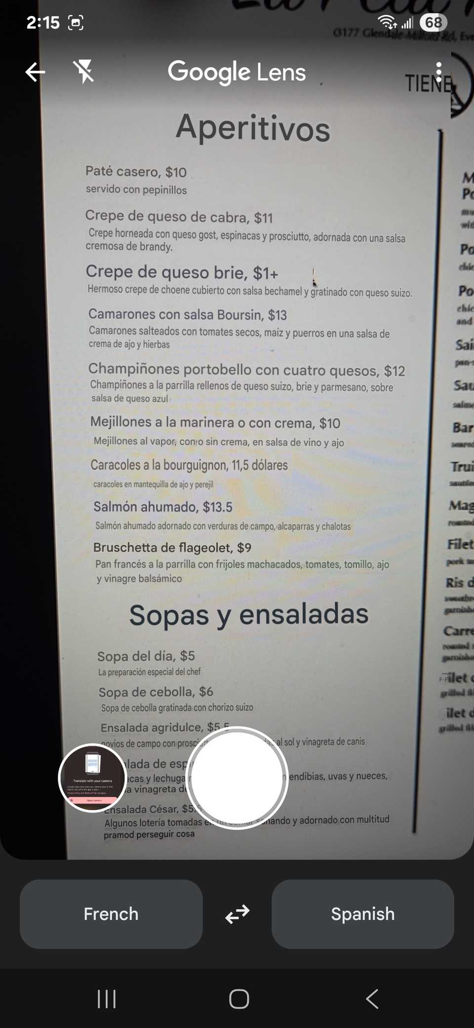 Auto detecting the text using Google Lens built into the Google Translate app to translate language using your phone's camera