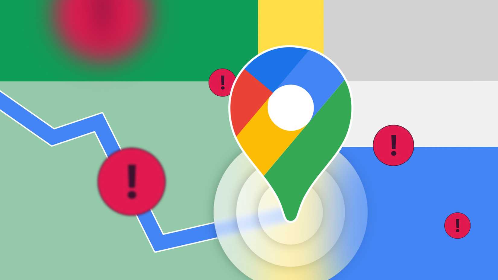 Google Maps pin logo on a map background with multiple red warning icons