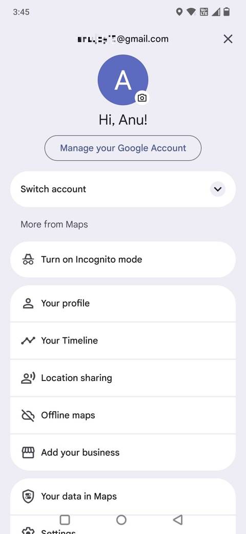 Screenshot showing the settings page in Google Maps