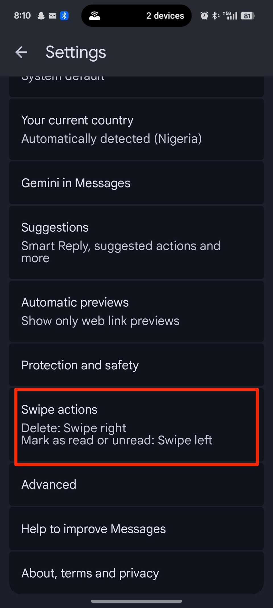 Red box highlighting swipe actions option in Google Messages settings