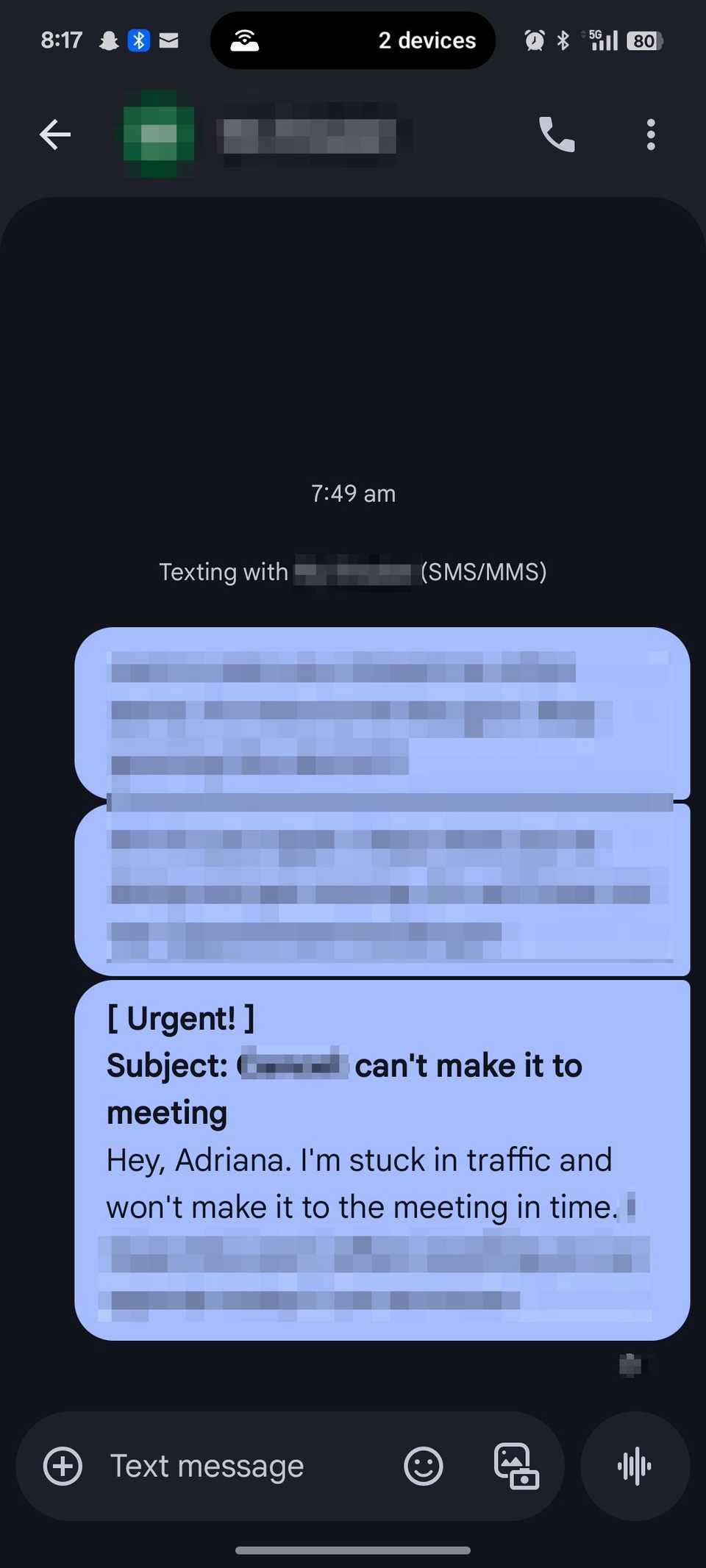Sent text in Google Messages showing boldened subject field before main content