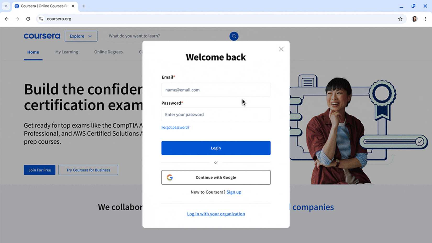 Coursera screen with saved password prompt in Chrome