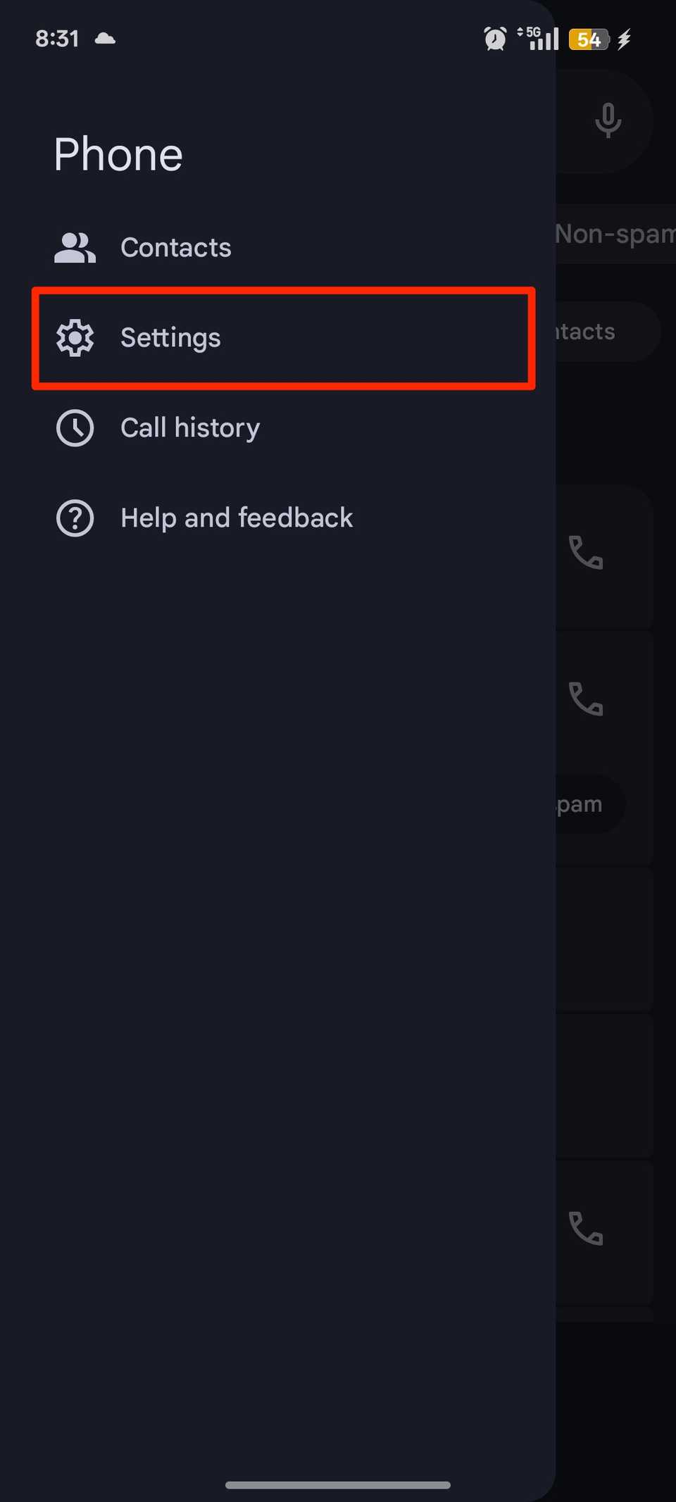 Red box highlighting settings option in Google Phone menu