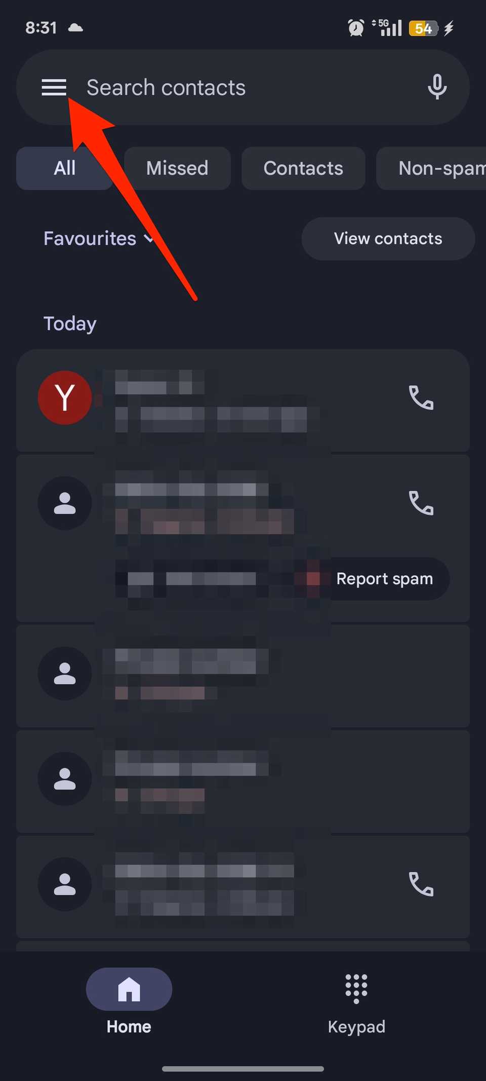 Red arrow pointing to menu icon in top left corner of Google Phone app