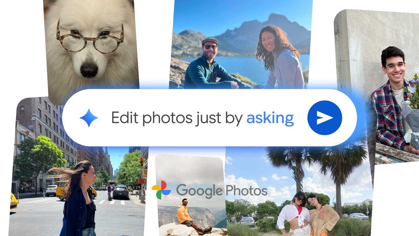 Examples of Google Photos images with the phrase "Edit photos just by asking" in a Gemini prompt field.