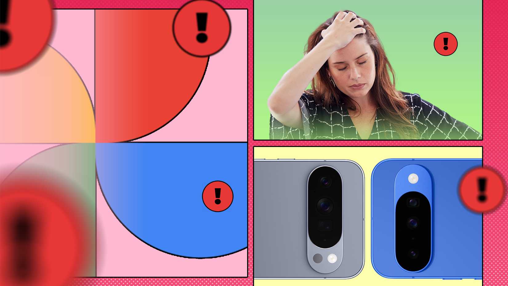 Collage showing the Google Photos logo with warning icons, a frustrated woman, and Pixel phones