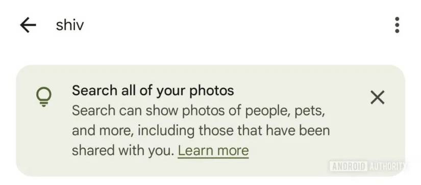 A screenshot showing Google Photos' upcoming banner notifying users about the ability to search for all photos, including those shared with them by someone else