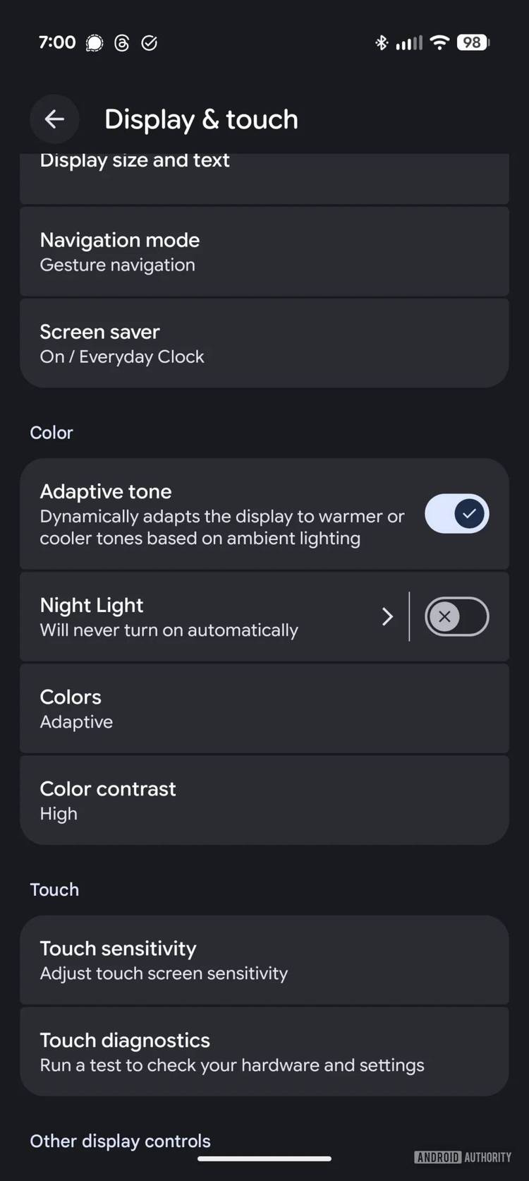 A screenshot highlighting the presence of an Adaptive Tone feature on the Pixel 10.