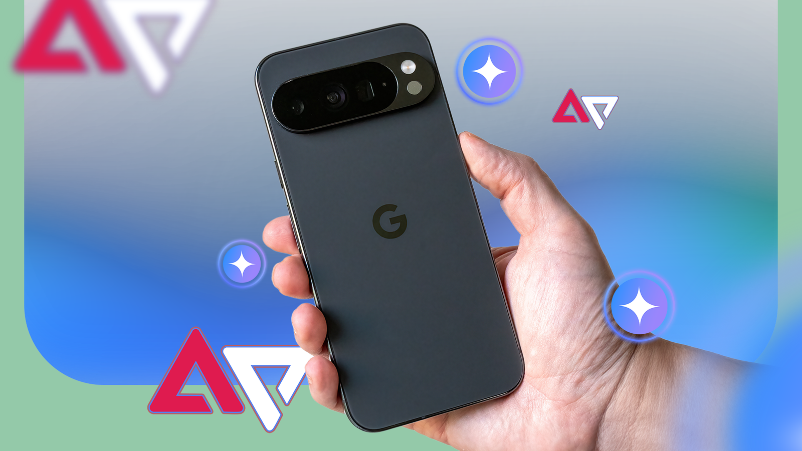 The Google Pixel 10 Pro in a hand surrounded by Android Police logos